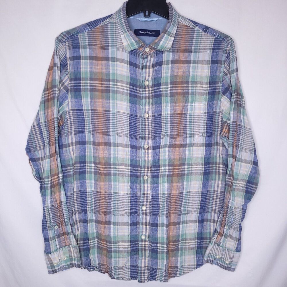 Tommy Bahama Linen Shirt Mens Large Plaid Blue, Green, Red Long Sleeve